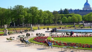 Un parc amb gespa verda, bancs i una font.