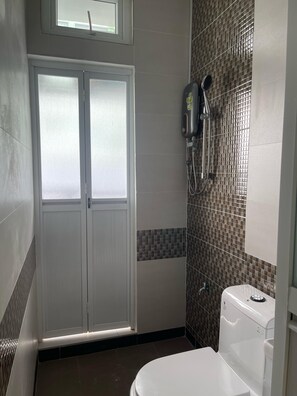 Shower, hair dryer, bidet, towels
