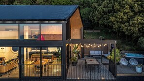 Outdoor dining - Black Barn Escape - Modern, Architectural, Sea Views, Spa Pool! (Nelson)