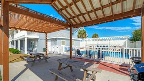 A covered patio area with picnic tables, a barbecue grill, and a view of a pool and house in the background.