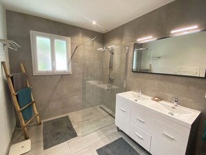 Hair dryer, towels, soap, toilet paper