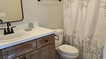 Secadora de cabello, toallas, jabón, papel de baño