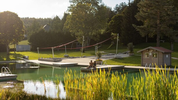 A tranquil outdoor pool area with a small dock, a rope swing, and a wooden cabin. - Studio 'Brend, 48qm' with Balcony and Wi-Fi (Schönwald im Schwarzwald)