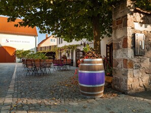 Outdoor dining - Room 'Vinotel 11' with Shared Garden, Wi-Fi and Air Conditioning (Coswig)