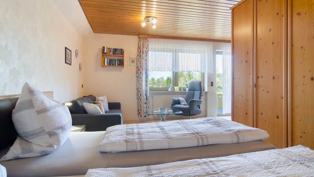 Une chambre à coucher comprenant un lit, un canapé, une chaise, une armoire en bois et une bibliothèque.