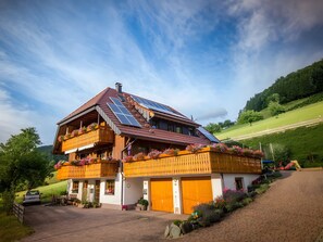 Een chalet met twee verdiepingen, een schuin dak, houten balkons en zonnepanelen.