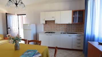 Basic Apartment, Balcony, Partial Sea View | Private kitchen | Fridge, stovetop, cookware/dishes/utensils, dining tables