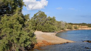 A natural landscape with a river, trees, and a clear sky.
