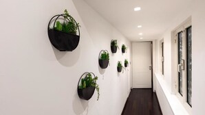 Un pasillo con paredes blancas y suelo de madera oscura, con macetas negras fijadas a la pared y plantas verdes.