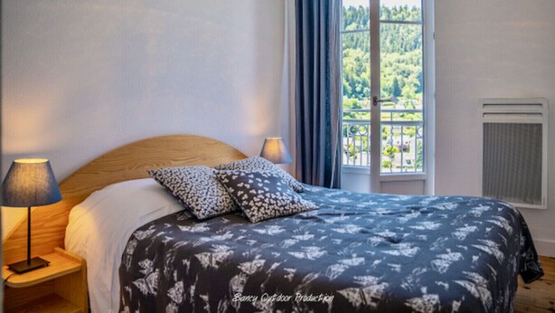 A bedroom with a bed, two pillows, a bedside lamp, a window with a view of greenery, and a radiator.
