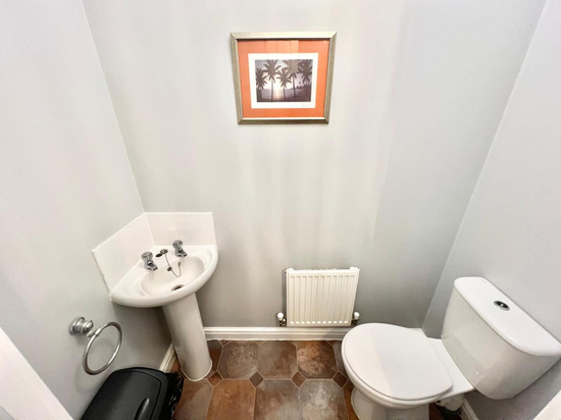 Een kleine badkamer met een witte wastafel, toilet en radiator. Er hangt een fotokader aan de muur.