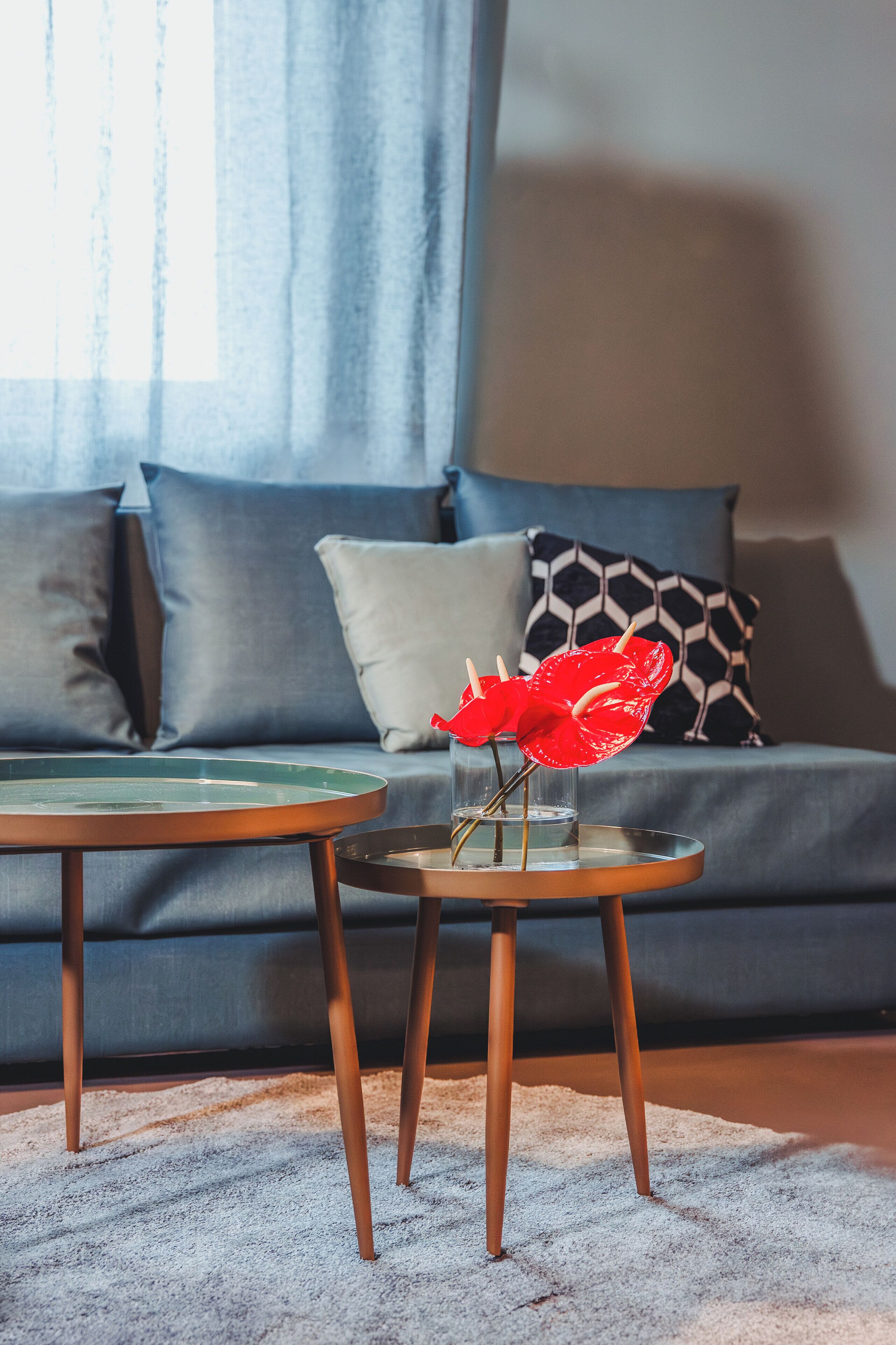 A living room with a grey sofa, patterned pillows, and a small table with a vase of red flowers.