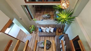 A spacious living area with a wooden floor, a grey sofa with blue cushions, a large green plant, and a hanging light fixture.