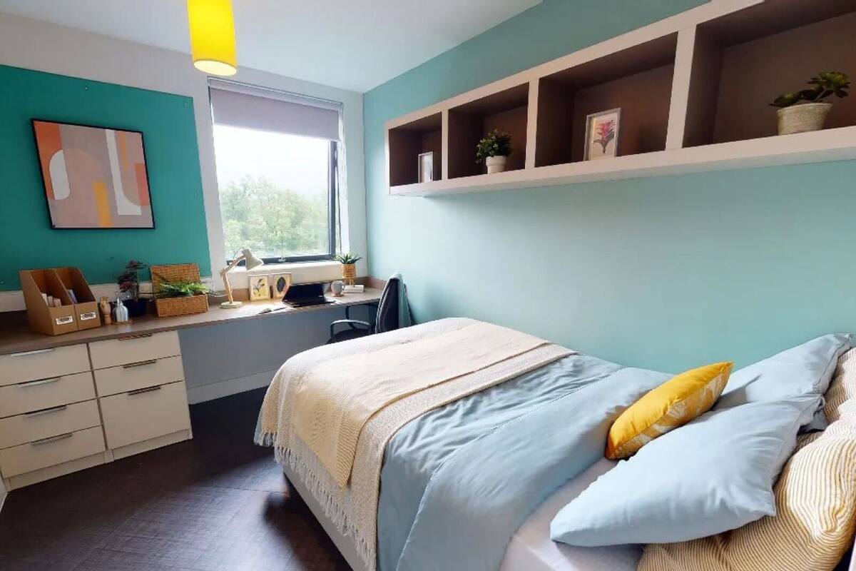 A bedroom with a bed, desk, and shelving unit.