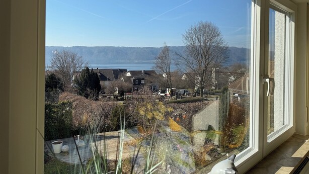 A view from a room with a large window overlooking a residential area with houses, a lake, and hills in the distance. - "Welcome to the MADELEINE vacation apartment: pure relaxation and nature!" (Sipplingen)
