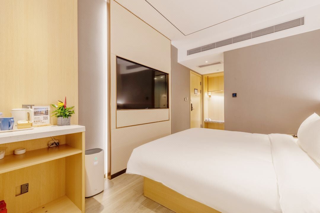 A modern hotel room with a large bed, a bedside table with a lamp, and a small shelf with a plant and a coffee maker.