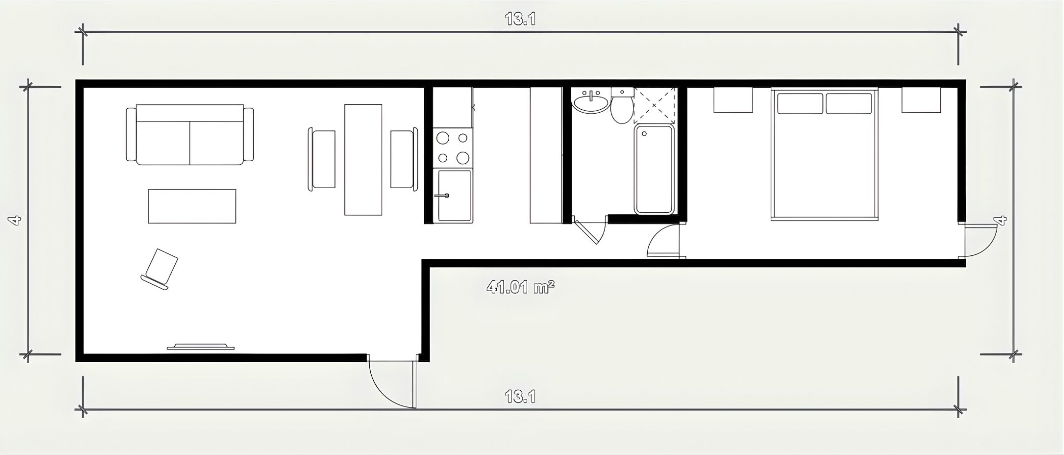 A floor plan of a 2-bedroom apartment with a total area of 41.01 m², including a kitchen, living room, and bathroom.