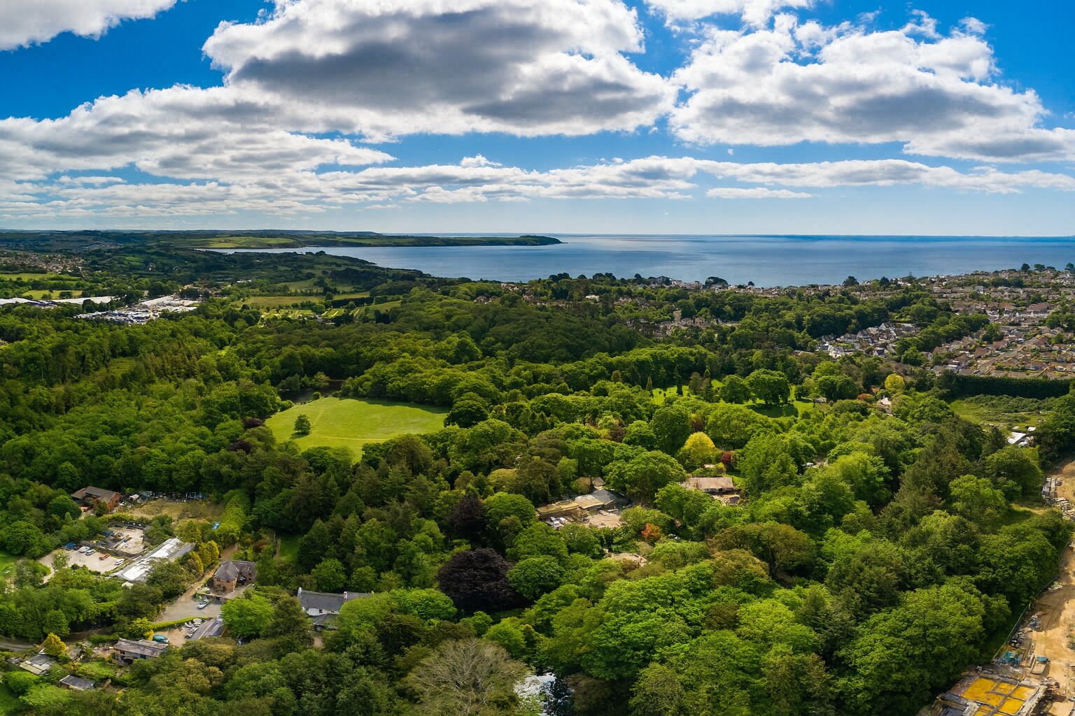An aerial view of a residential area with houses, green spaces, and a large body of water in the distance.