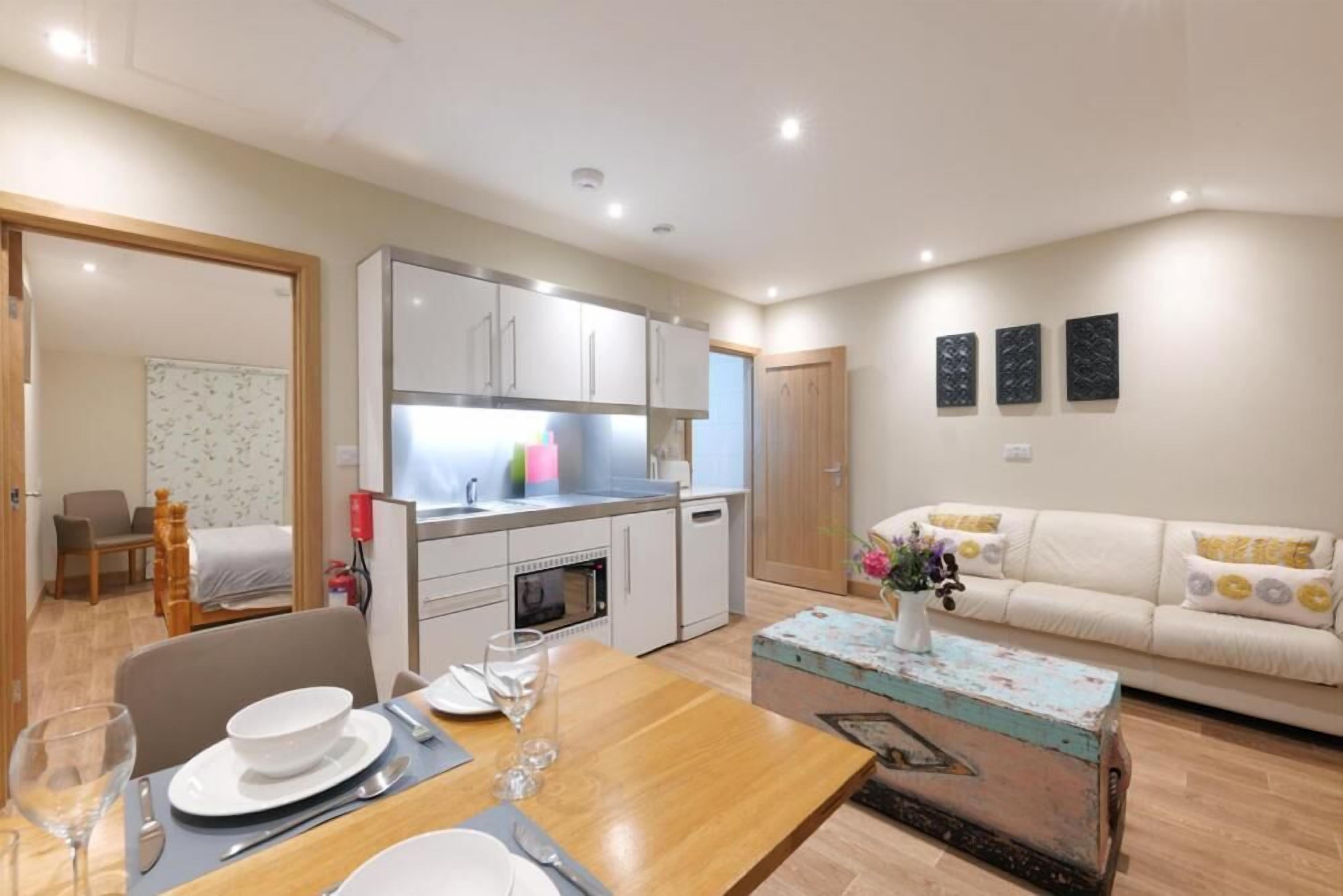 Un espacio habitable compacto con kitchenette, comedor y sofá.