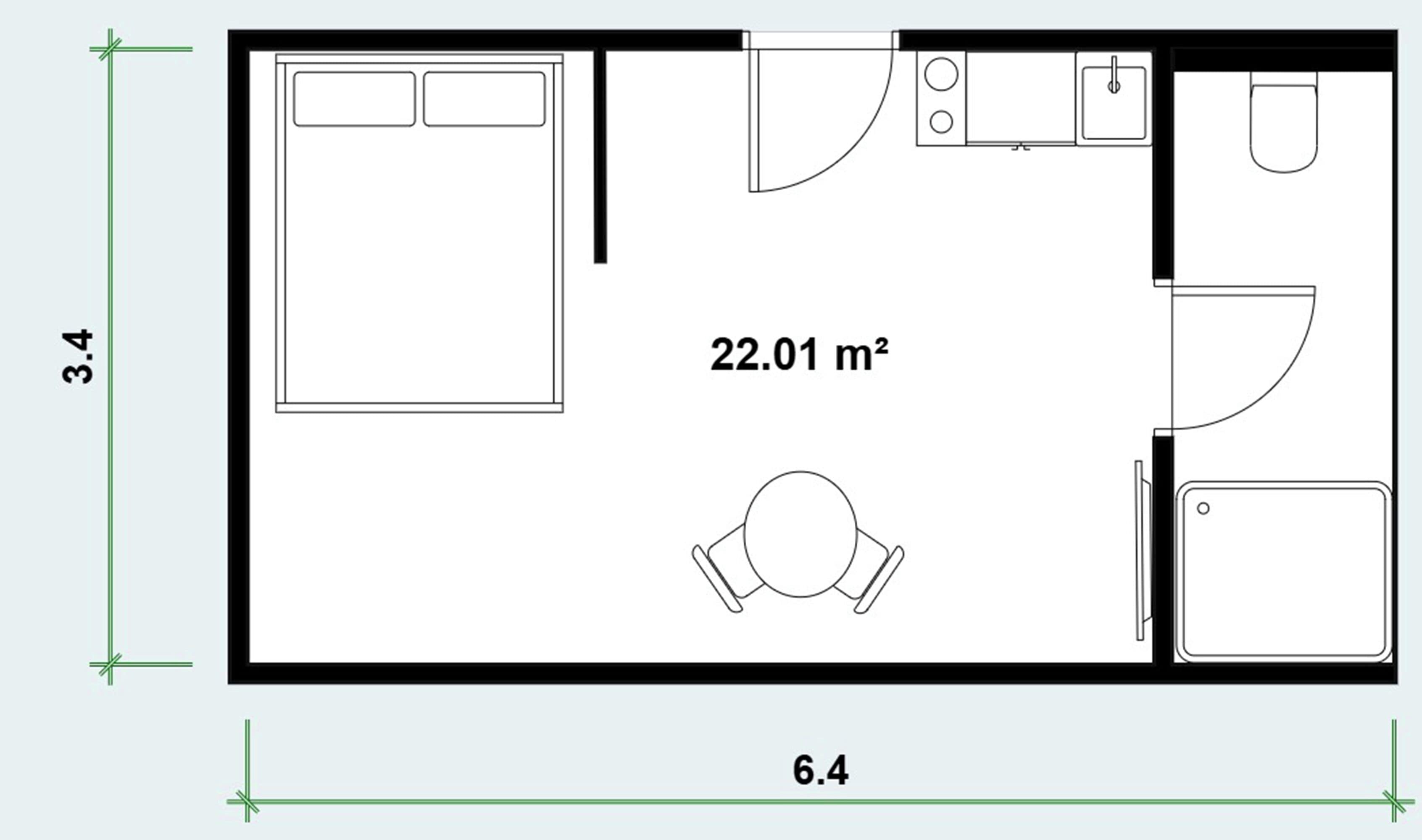 A kitchen with a dining area, measuring 6.4 meters by 3.4 meters, and a total area of 22.01 square meters.