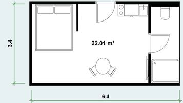 A kitchen with a dining area, measuring 6.4 meters by 3.4 meters, and a total area of 22.01 square meters.
