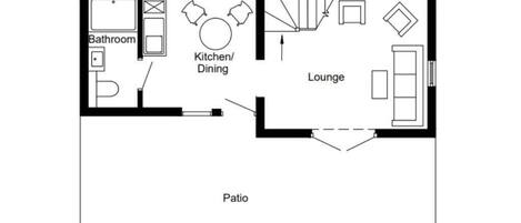Distribución de planta baja con baño, cocina/comedor, sala de estar y patio.