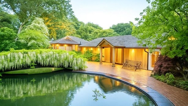 Una casa con piscina, rodeada de abundante vegetación y árboles.