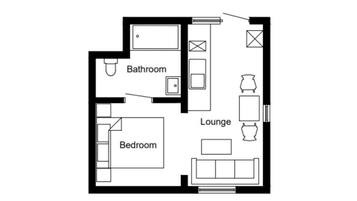 Een plattegrond van een hotelkamer met slaapkamer, badkamer en zithoek.