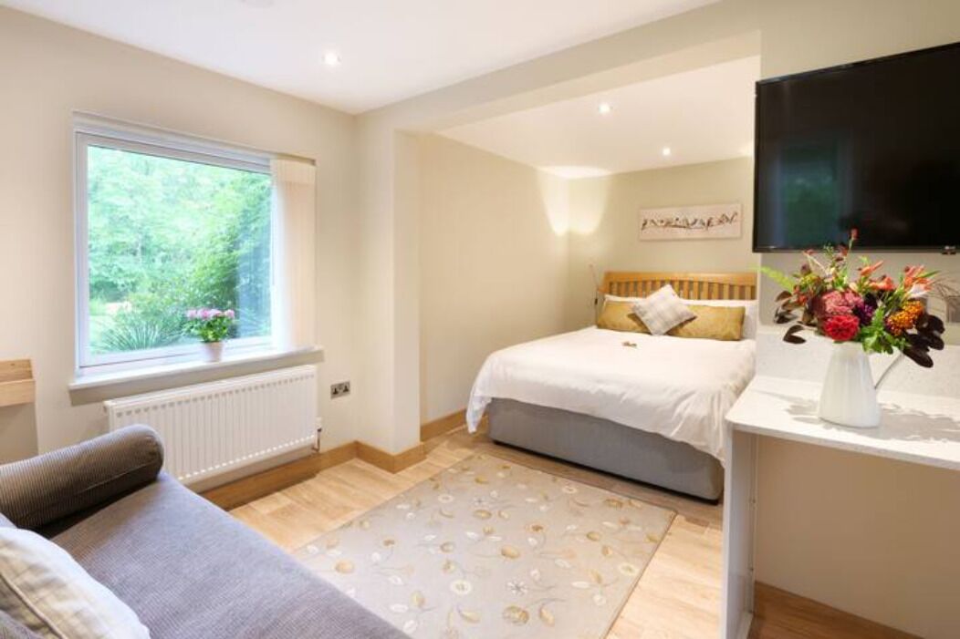 Un dormitorio con cama, ventana con vista a vegetación, televisor de pantalla plana en la pared y mesita de noche con un florero.