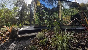 Una estructura moderna al aire libre con fachada de vidrio que refleja los árboles y el cielo circundantes.