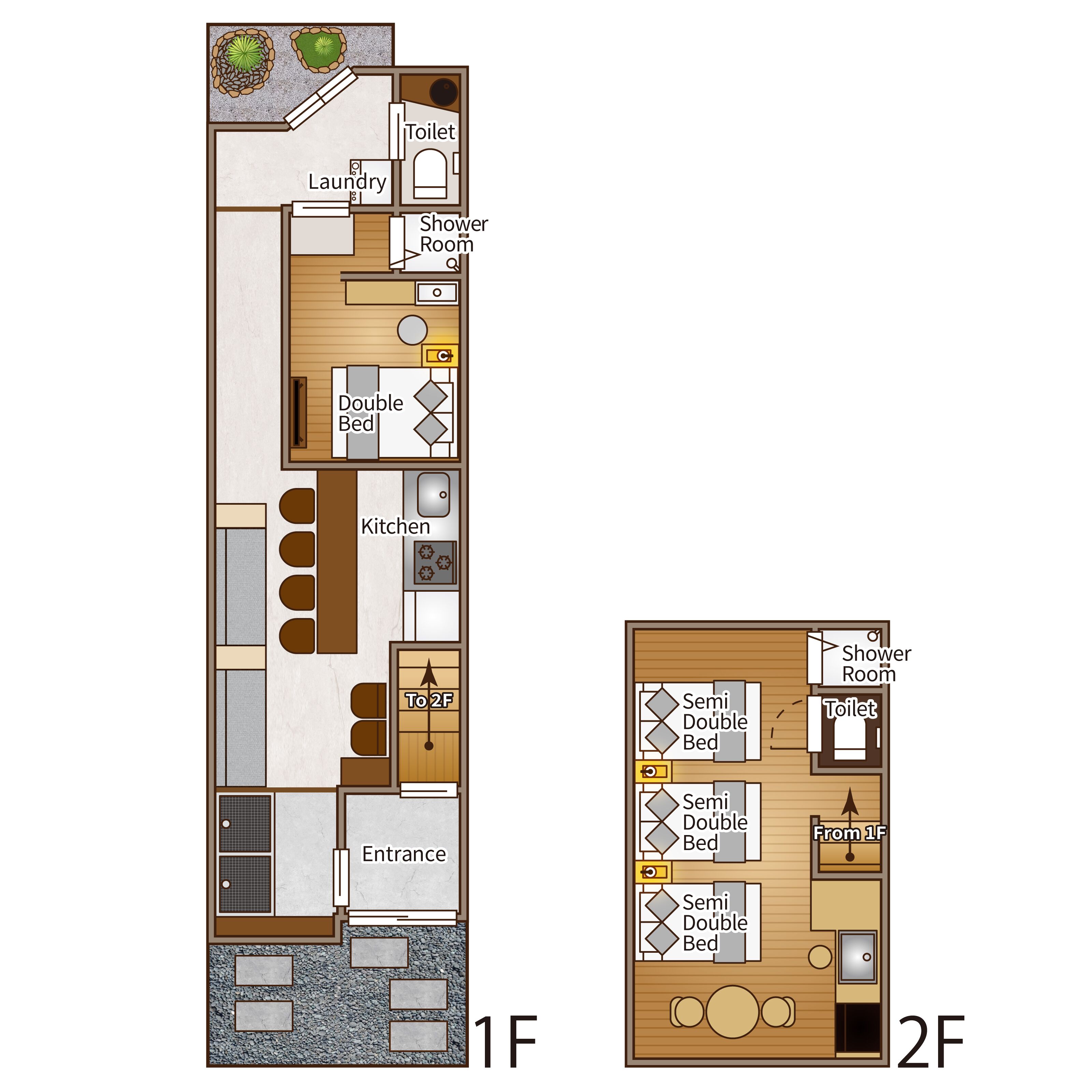 A floor plan of a 1F and 2F apartment with a kitchen, double bed, shower room, and entrance.