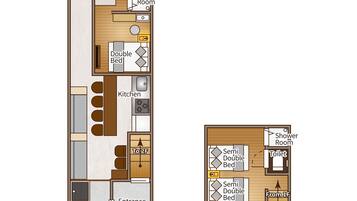 A floor plan of a 1F and 2F apartment with a kitchen, double bed, shower room, and entrance.