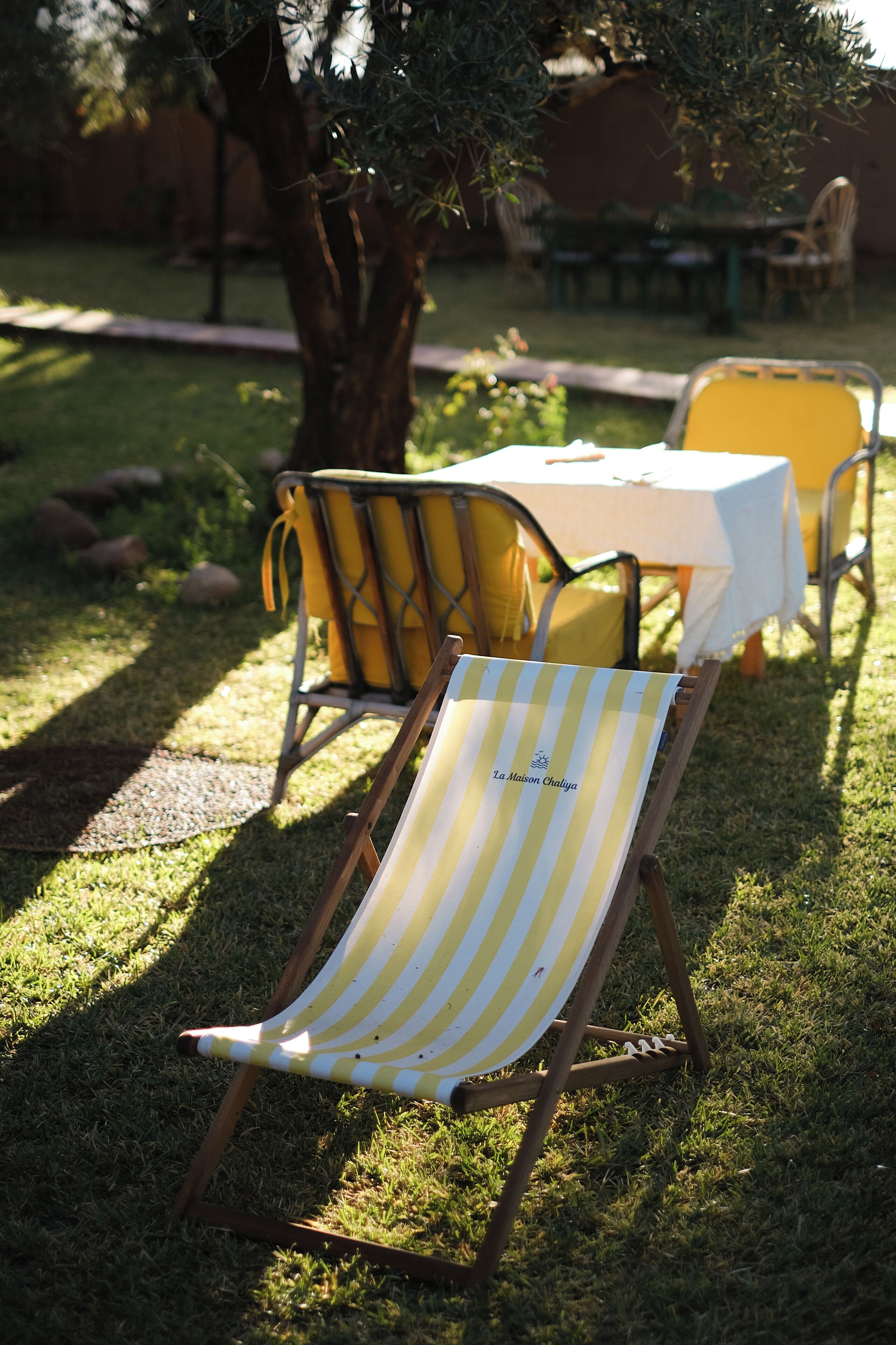 A grassy outdoor area with a yellow and white striped lounge chair and a table with a white tablecloth.