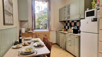 KĂŒhlschrank, Mikrowelle, Herdplatte, Wasserkocher mit Kaffee-/Teezubehör