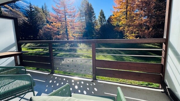 A balcony with a view of autumn trees, a metal railing, and green outdoor furniture. - Perfect studio for 4, ski-in/ski-out with large terrace (Les Deux Alpes)