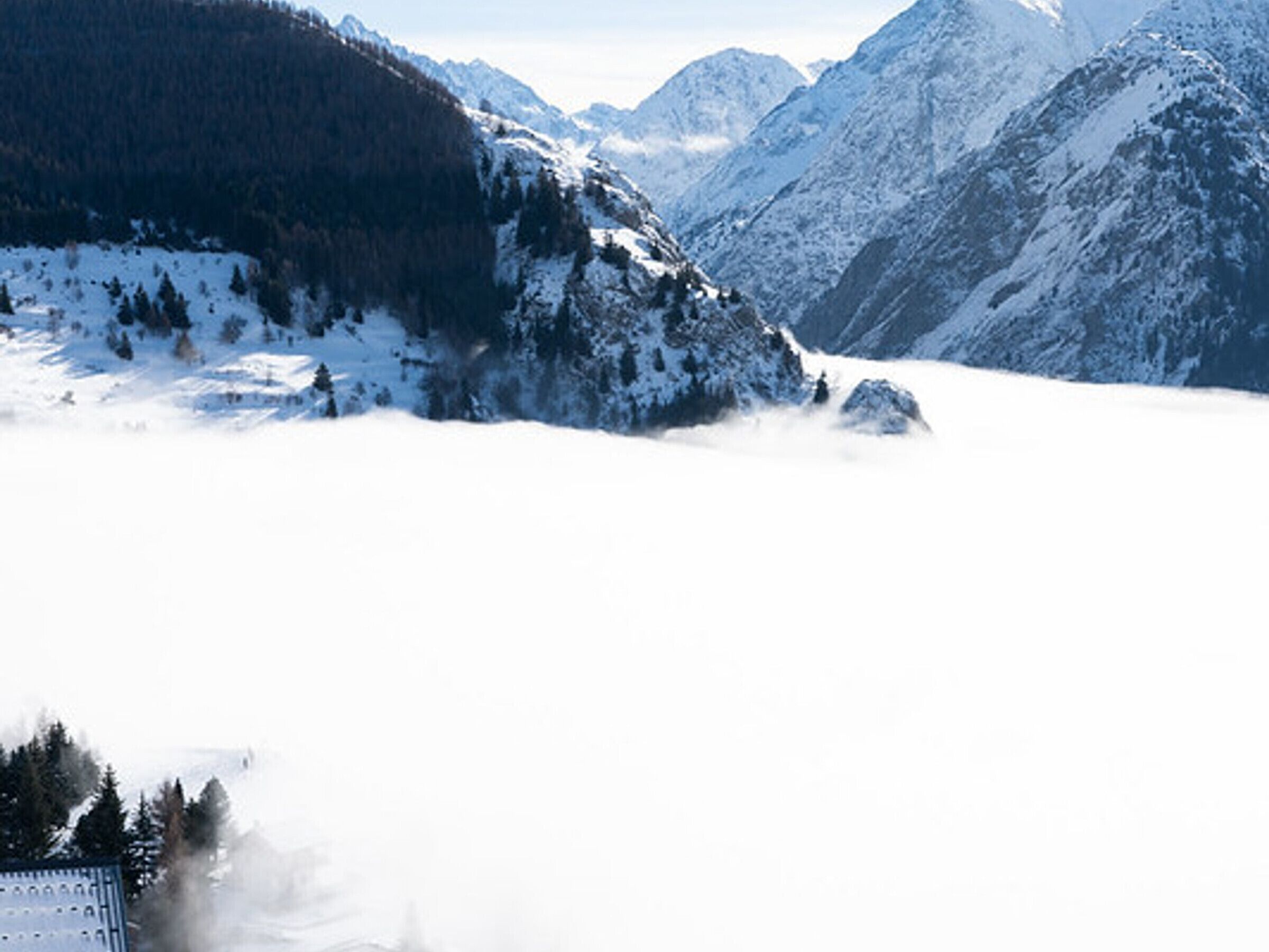 A mountainous landscape with snow-covered peaks and a forested area.
