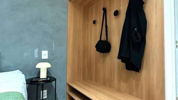 Desk, laptop workspace, blackout curtains, iron/ironing board