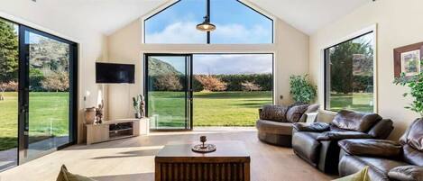 Télévision, cheminée, livres, espaces bureaux