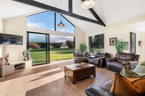 Televisor, llar de foc, llibres i oficines 