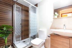 Shower, hair dryer, bidet, towels