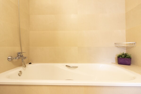 Shower, hair dryer, bidet, towels