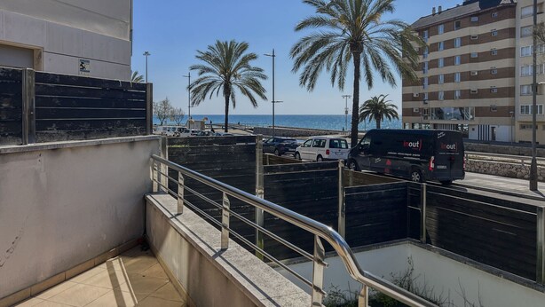 Une vue sur la côte, avec un espace de stationnement, des palmiers et un bâtiment doté d’un balcon.
