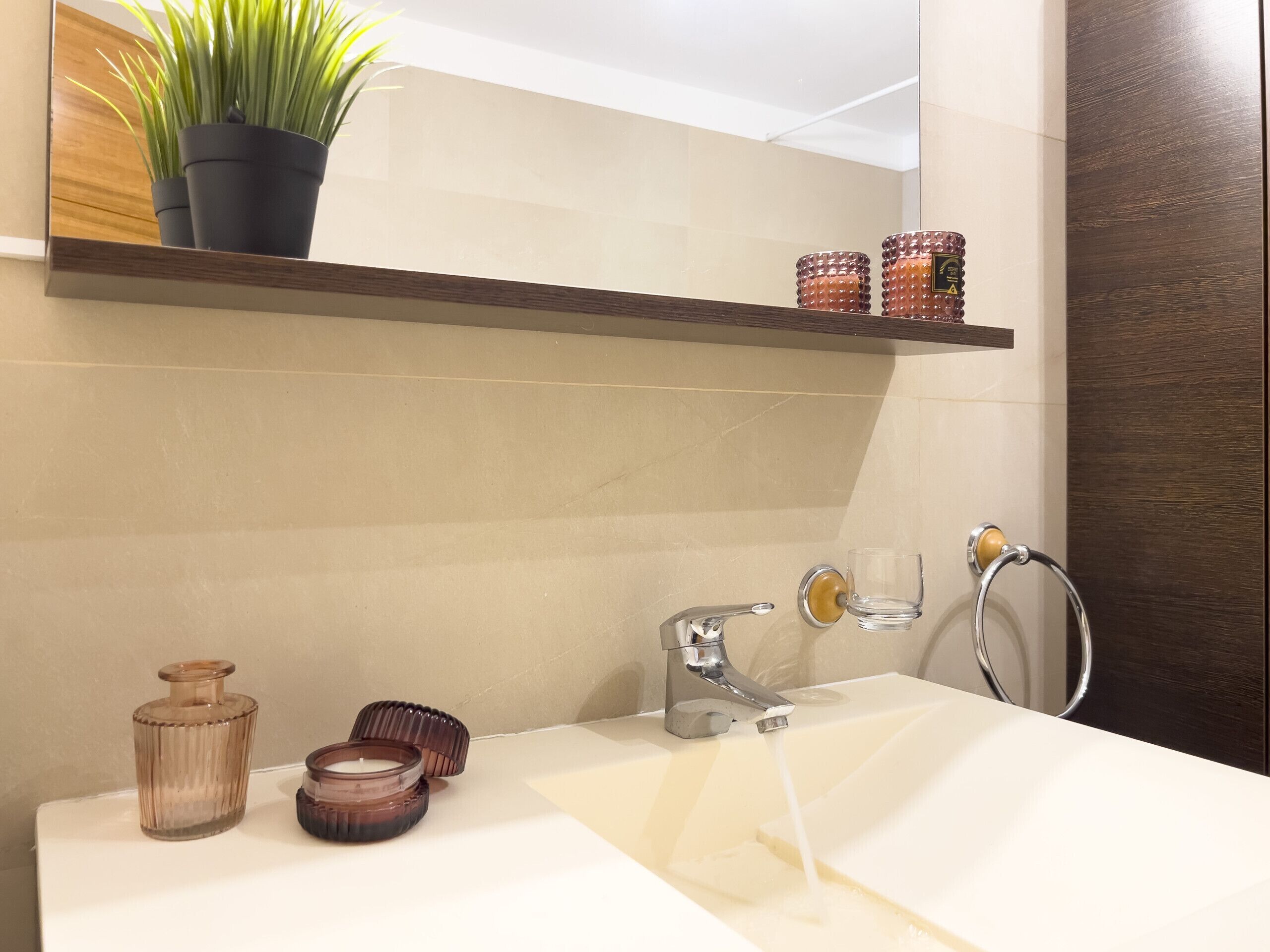 A bathroom with a white sink, a mirror above it, a potted plant, and a shelf with decorative items.