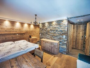 Kitchen, Countertop, Cabinetry, Interior Design, Kitchen Appliance, Flooring, Furniture, Wood, Major Appliance, Ceiling - Beautiful apartment for 2 guests with WIFI, TV and balcony (Leukerbad)