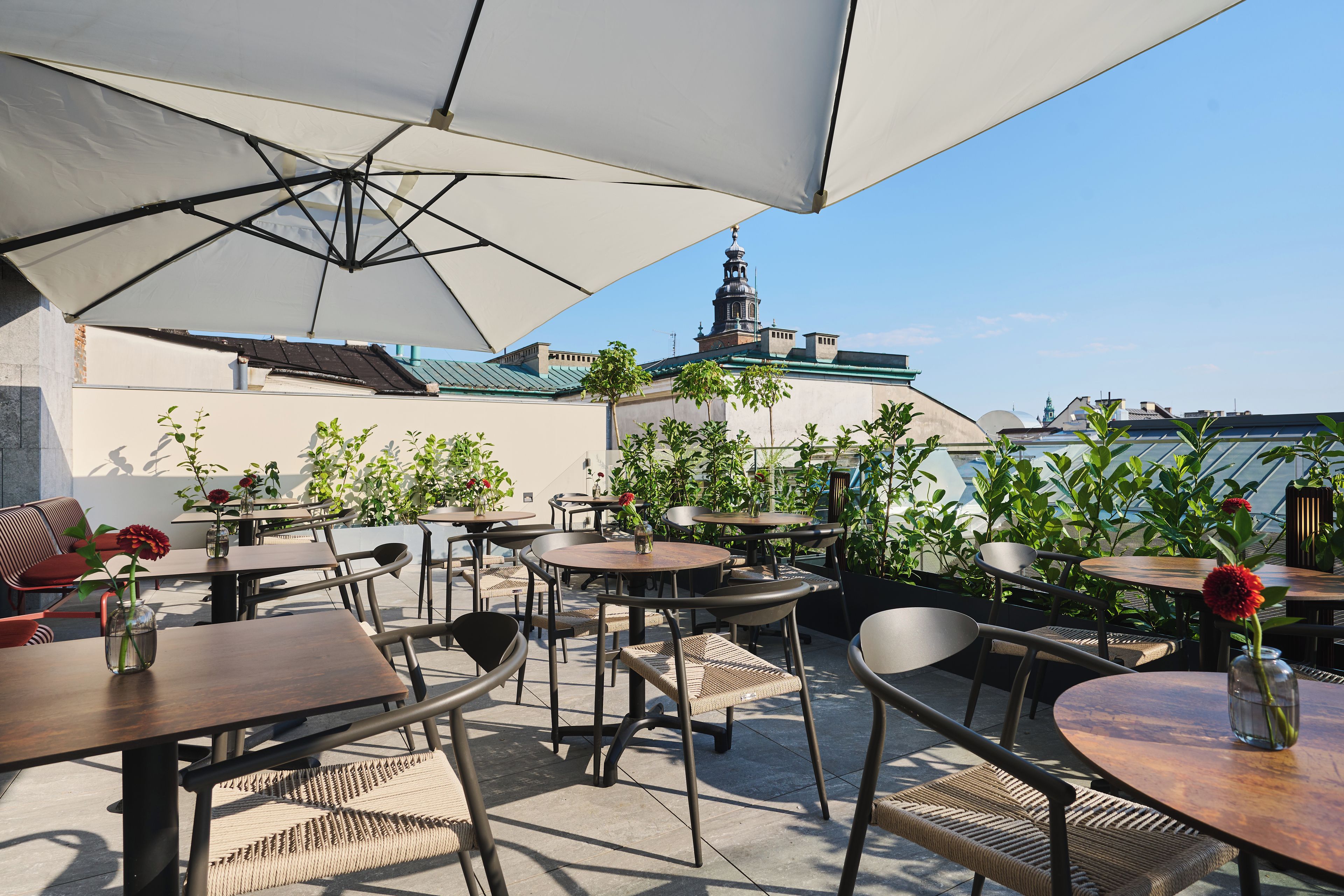 An outdoor seating area with tables and chairs, umbrellas, and potted plants.