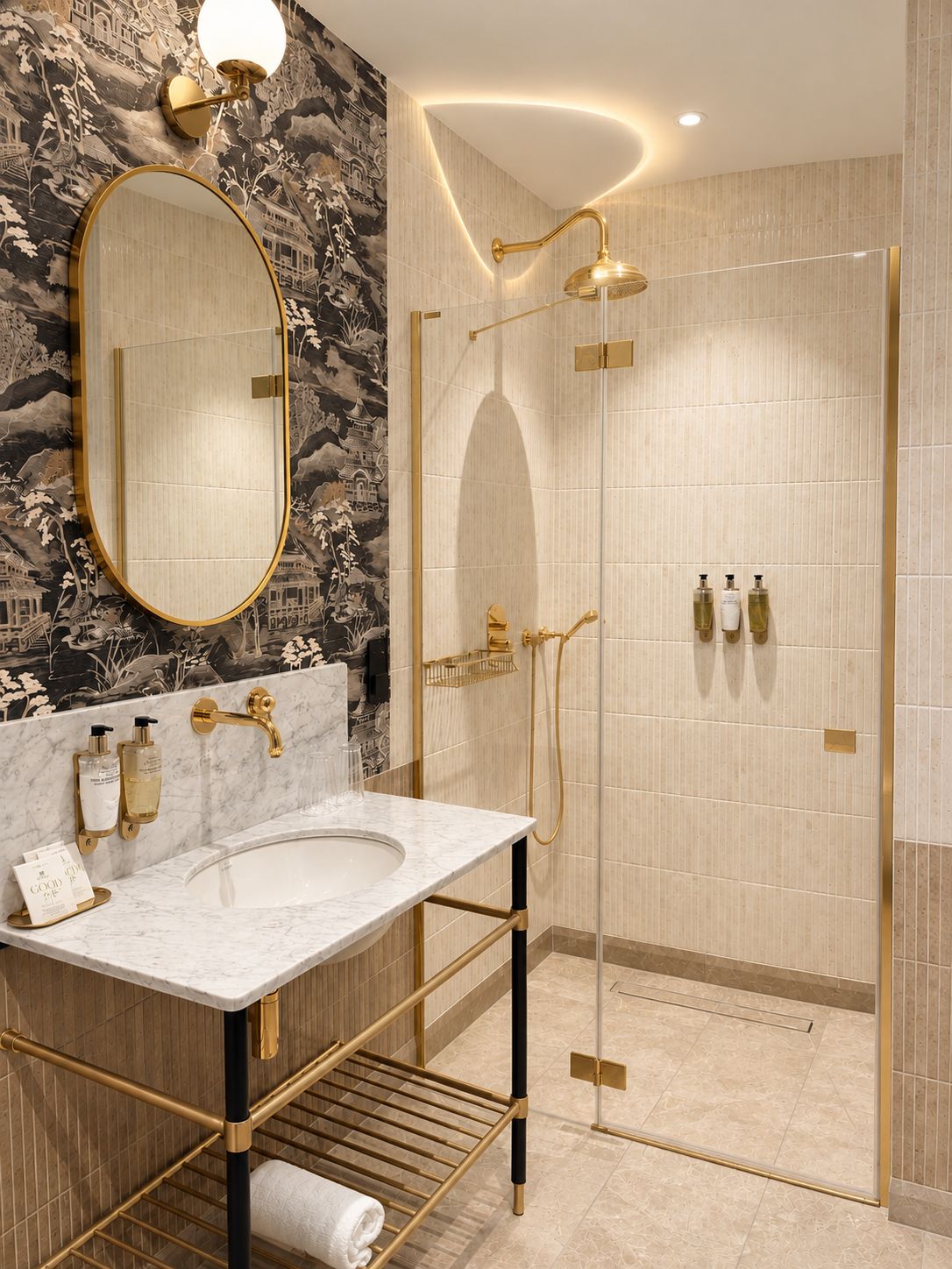 Ein modernes Badezimmer mit Marmorwaschtisch, goldenen Armaturen und einer Duschkabine.