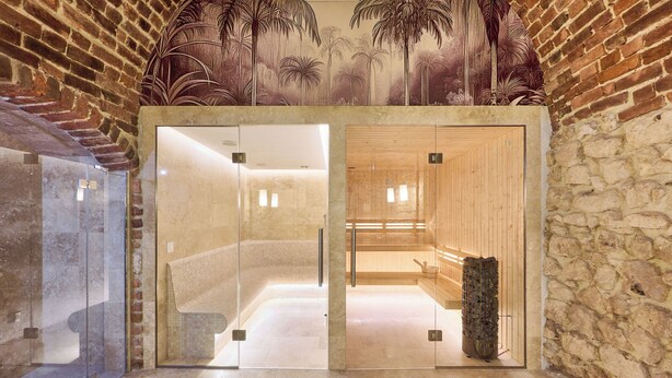 Entrada de un spa con puertas de vidrio, pared de piedra y zona de sauna de madera.