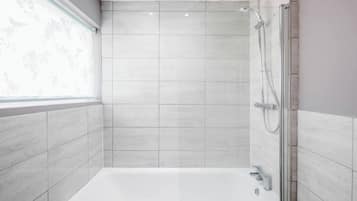 Shower, eco-friendly toiletries, hair dryer, towels