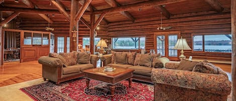 TV, fireplace, books