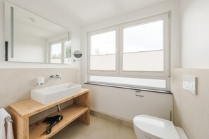 Hair dryer, towels, soap, toilet paper